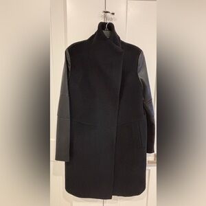 Vera Wang Black Wool Blend Coat with Faux Leather Sleeves. Size L